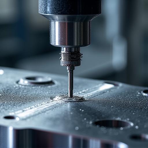 精密機械で加工される金属部品のクローズアップ。