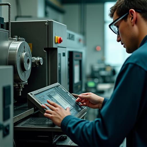 CNC旋盤で作業する技術者。