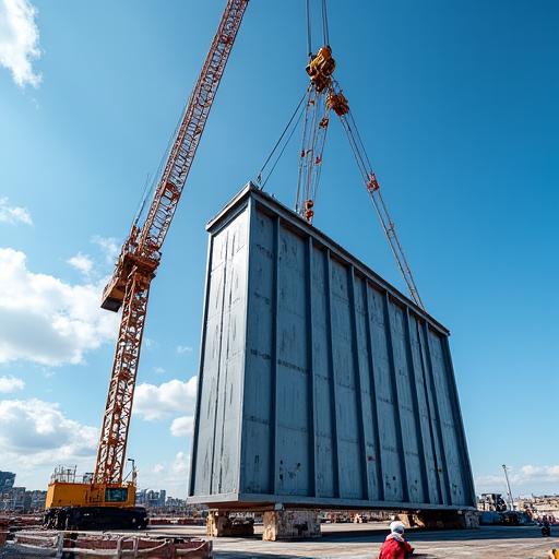 大型クレーンで巨大な鋼構造物を吊り上げる様子。